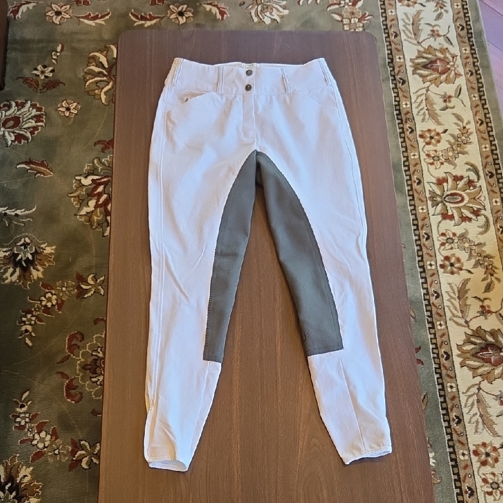 Women's White Equestrian Riding Breeches with Gray Knee Patch